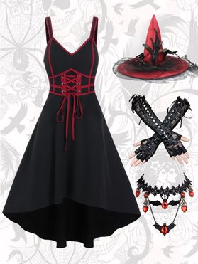 Contrast Pipe Lace Up High Low Midi Dress And Heart Bat Lace Choker Bandage Gloves Mesh Witch Hat Halloween Outfit