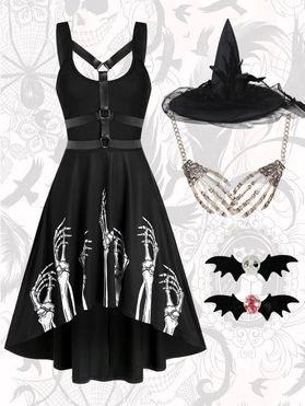 Skeleton Print Cut Out High Low Dress And Bat Skull Hair Clips Necklace Witch Hat Halloween Outfit