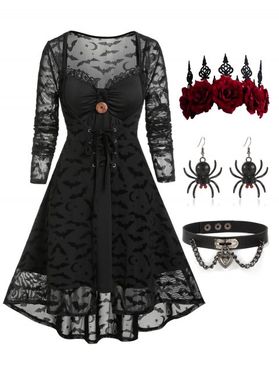 Bat Print Lace Up Mesh Cardigan with Cami Dress And Rose Flower Tiara Choker Spider Earrings Halloween Outfit