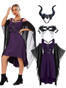 Lace Up Flare Sleeve Cold Shoulder Chiffon Dress And Butterfly Skeleton Chain Mask Devil Horns Headband Halloween Outfit