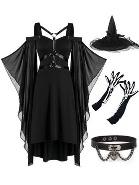 Halloween Outfit Batwing Sleeve Harness Insert Lace-up High Low Dress And Witch Hat Skeleton Arm Gloves Heart Choker Necklace Set