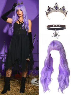Halloween Outfit Floral Lace Chiffon O Rings Asymmetric Backless Dress Rhinestone Crown Sun Choker Necklace Long Wavy Party Wig Set