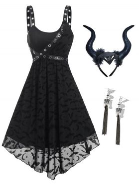 Halloween Outfit Grommet Straps Bat Crescent Stars Mesh Dress And Devil Horn Headband Skeleton Tassel Earrings Set