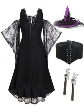 Halloween Outfit High Low Flower Lace Cold Shoulder Lace Up Dress And Witch Hat Lace Up Corset Belt Skeleton Tassel Earrings Set