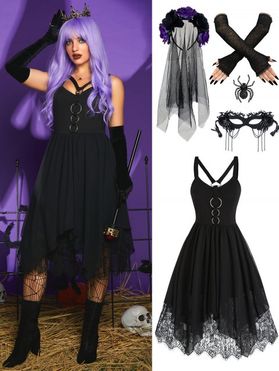 Halloween Outfit O Ring Floral Lace Chiffon Asymmetric Midi Dress And Skeleton Mask Spider Web Fingerless Arm Gloves Flower Tulle Headband Set