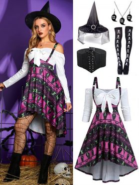 Bat Skeleton Cat Bowknot Twofer Dress With Lace Up Belt And Mesh Witch Hat Ghost Earrings Necklace Socks Halloween Outfit