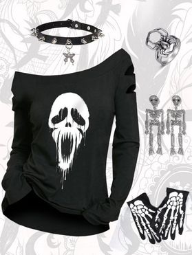 Skull Print Cut Out T Shirt And Butterfly Choker Spider Ring Skeleton Earrings Gloves Halloween Outfit