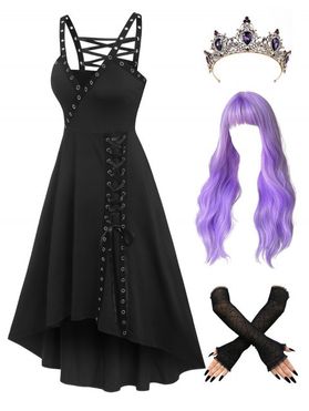 Halloween Outfit Lace Up Grommets High Low Plunge Dress And Rhinestone Crown Long Wavy Wig Spider Web Arm Gloves Set