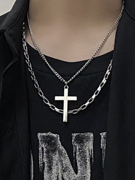 Men Layered Necklace Cross Pendant Punk Necklace