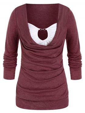 Plus Size Top Cowl Neck Colorblock Faux Twinset Top Chain Keyhole Long Sleeve 2 In 1 Top