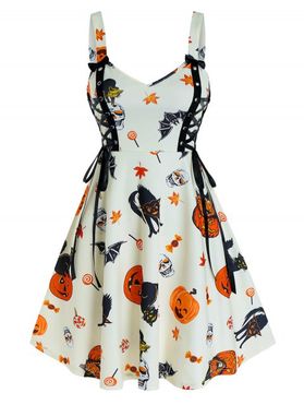 Plus Size Dress Animal Pumpkin Bat Print Lace Up Cami A Line Mini Halloween Dress