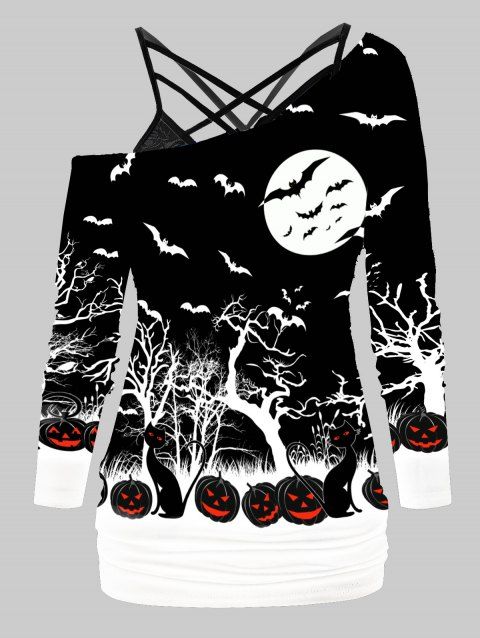 Halloween Bat Pumpkin Print T-shirt with Flower Lace Cami Top