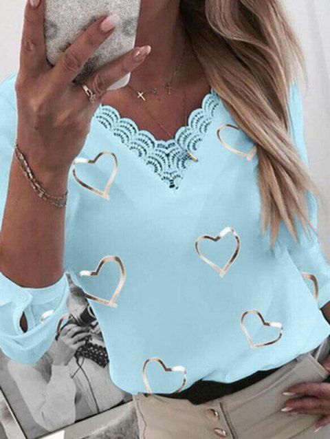 Romantic Heart Print Blouse Crochet Lace Insert V Neck Three Quarter Sleeve Blouse