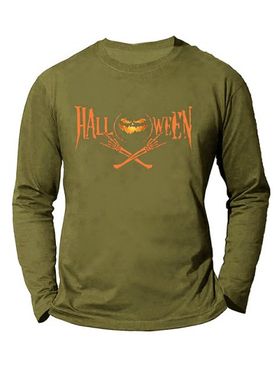 Halloween Pumpkin Skeleton Hand Print Graphic T-shirt Long Sleeve Round Neck Casual Tee
