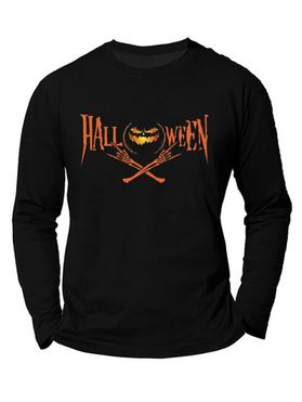 T-shirt D'Halloween Décontracté à Imprimé Graphique Citrouille Squelette à Manches Longues à Col Rond