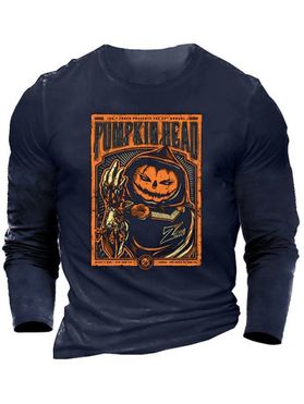Halloween Pumpkin Devil Print Graphic T-shirt Long Sleeve Round Neck Casual Tee