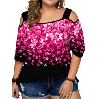 

Plus Size T Shirt Cold Shoulder T Shirt Flower Print Ombre Casual Tee, Red