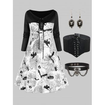

Pumpkin Bat Spider Web Print Dress With Lace Up Belt And Choker Spider Earrings Halloween Outfit, Black