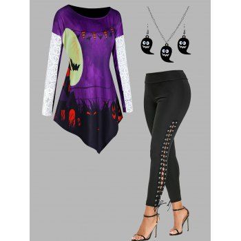 

Halloween Pumpkin Bat Pattern Lace Panel Asymmetric T Shirt Lace Up Pants And Cartoon Ghost Necklace Earrings Outfit, Multicolor