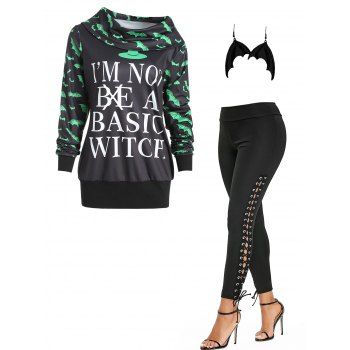 

Halloween Outfit Bat Slogan Print Graphic Sweatshirt Lace Up Pants And Bat Drop Earrings Set, Multicolor