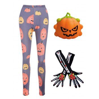 

Halloween Cartoon Pumpkin Print Pants And Flower Skull Print Full Finger Long Arm Gloves Stress Relief Toy Set, Multicolor