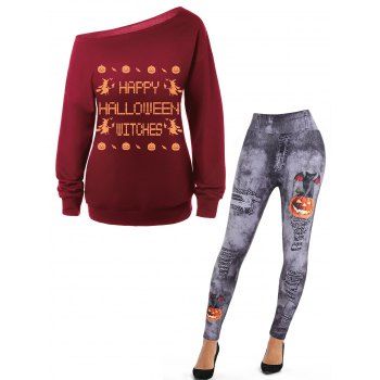 

Skew Neck Witches Print Sweatshirt And Pumpkin Bat Cat Denim 3D Print Jeggings Halloween Outfit, Multicolor