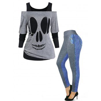 

Skull Cut Out Off The Shoulder Top Plain Tee Set And Faux Demin Spliced 3D Print Leggings Outfit, Multicolor