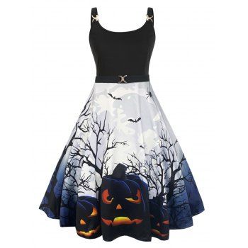 

Plus Size Halloween Pumpkin Tree Branches Bat Print A Line Dress Metal Twist Ring High Waist Combo Dress, Black