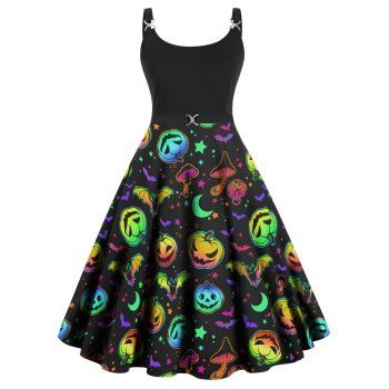 

Plus Size Halloween Psychedelic Pumpkin Mushroom Moon Print A Line Dress Twisted Ring High Waist Dress, Multicolor