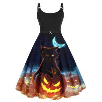 

Plus Size Halloween Pumpkin Black Cat Print A Line Dress Twisted Ring High Waist Cami Dress, Dark orange