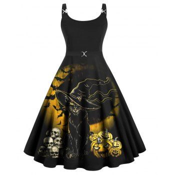 

Plus Size Halloween Pumpkin Black Cat Print A Line Dress Twisted Ring High Waist Cami Dress