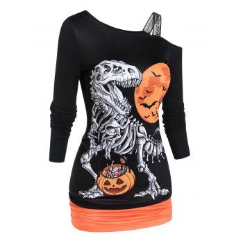

Halloween T Shirt Pumpkin Dinosaur Bat Moon Print Colorblock Cinched Ruched Skew Neck Tee, Black