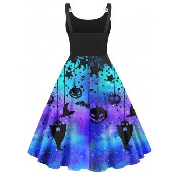 Plus Size Halloween Pumpkin Ghost Star Galaxy Print A Line Dress High Waist Twisted Ring Cami Dress