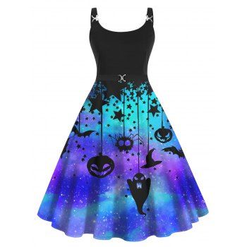 

Plus Size Halloween Pumpkin Ghost Star Galaxy Print A Line Dress High Waist Twisted Ring Cami Dress, Blue