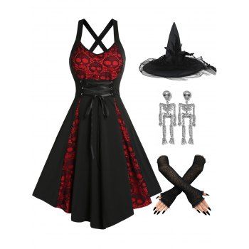 

Skull Lace Godet Lace Up Crisscross A Line Dress And Lace Gloves Skeleton Earrings Witch Hat Halloween Party Outfit, Black
