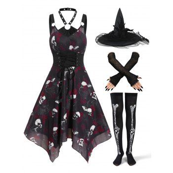 

Skull Rose Lace Lace Up Handkerchief Dress And Lace Gloves Skeleton Thigh High Socks Mesh Witch Hat Halloween Outfit, Black