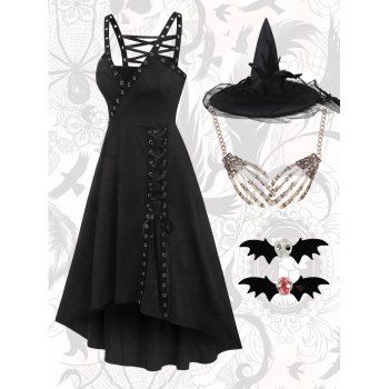 

Lace Up Surplice High Low Dress And Skeleton Hand Necklace Mesh Witch Hat Skulls Hair Clips Halloween Outfit, Black