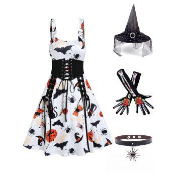

Pumpkin Bat Spider Print Lace Up Dress And Sun Pendant Choker Witch Hat Arm Gloves Halloween Outfit, Multicolor