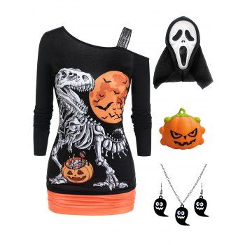 

Halloween Pumpkin Dinosaur Bat Moon Print Skew Collar T Shirt And Skull Mask Stress Relief Toy Ghost Earrings Necklace Set, Black