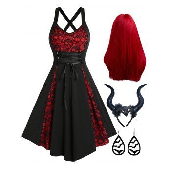 

Halloween Outfit Lace Skull Insert Cross Lace Up A Line Dress And Devil Horn Headband Party Long Wig Waterdrop Bat Earrings Set, Black