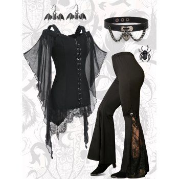 

Halloween Outfit Lace Up Cold Shoulder Lace Panel T-shirt Floral Lace Insert Flare Pants And Bat Earrings Spider Brooch Heart Belt Set, Black