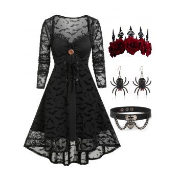 Bat Print Lace Up Mesh Cardigan with Cami Dress And Rose Flower Tiara Choker Spider Earrings Halloween Outfit S Black