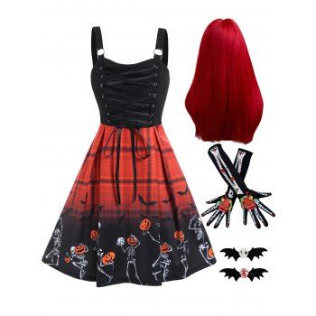 

Halloween Outfit Pumpkin Skeleton Bat Plaid Print Lace Up Dress And Long Party Wig Skull Flower Print Arm Gloves Bat Hair Clips Set, Red