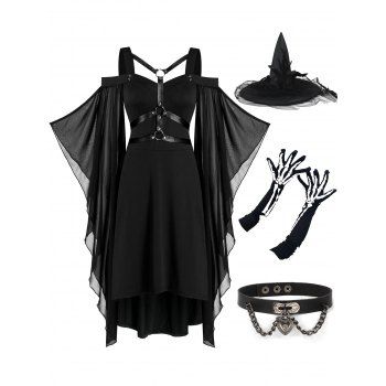 

Halloween Outfit Batwing Sleeve Harness Insert Lace-up High Low Dress And Witch Hat Skeleton Arm Gloves Heart Choker Necklace Set, Black