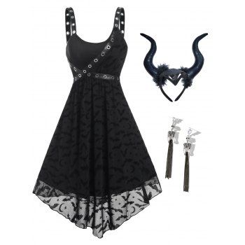 

Halloween Outfit Grommet Straps Bat Crescent Stars Mesh Dress And Devil Horn Headband Skeleton Tassel Earrings Set, Black