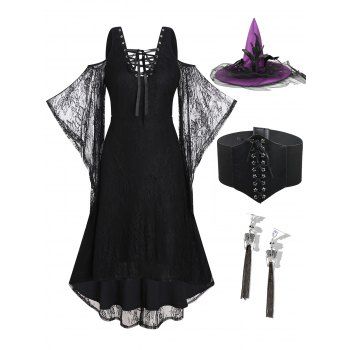 

Halloween Outfit High Low Flower Lace Cold Shoulder Lace Up Dress And Witch Hat Lace Up Corset Belt Skeleton Tassel Earrings Set, Black