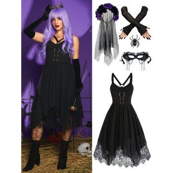 

Halloween Outfit O Ring Floral Lace Chiffon Asymmetric Midi Dress And Skeleton Mask Spider Web Fingerless Arm Gloves Flower Tulle Headband Set, Black