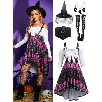 

Bat Skeleton Cat Bowknot Twofer Dress With Lace Up Belt And Mesh Witch Hat Ghost Earrings Necklace Socks Halloween Outfit, Multicolor