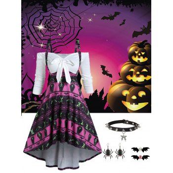 

Bat Skeleton Cat Bat Pattern Bowknot Dress And Tapestry Spider Earrings Choker Hair Clips Halloween Outfit, Multicolor