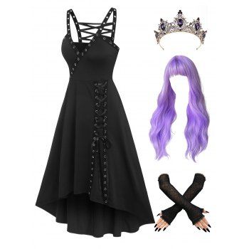 

Halloween Outfit Lace Up Grommets High Low Plunge Dress And Rhinestone Crown Long Wavy Wig Spider Web Arm Gloves Set, Black